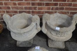 Pair of Reconstituted Limestone Garden Urns on Pli