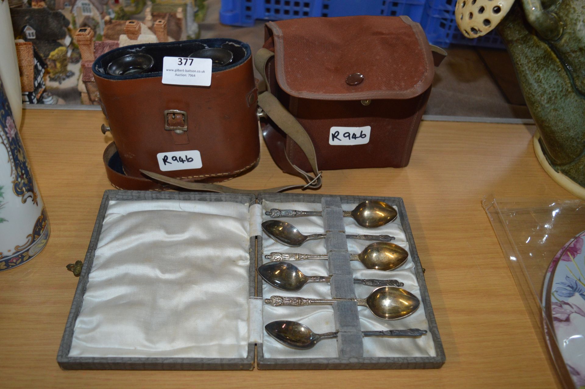 Small Pair of Binoculars, Vintage Camera and Cased Teaspoon Set