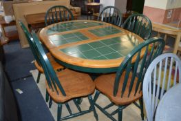 *Green Tile Topped Oval Extending Dining Table with Six Stickback Dining Chairs