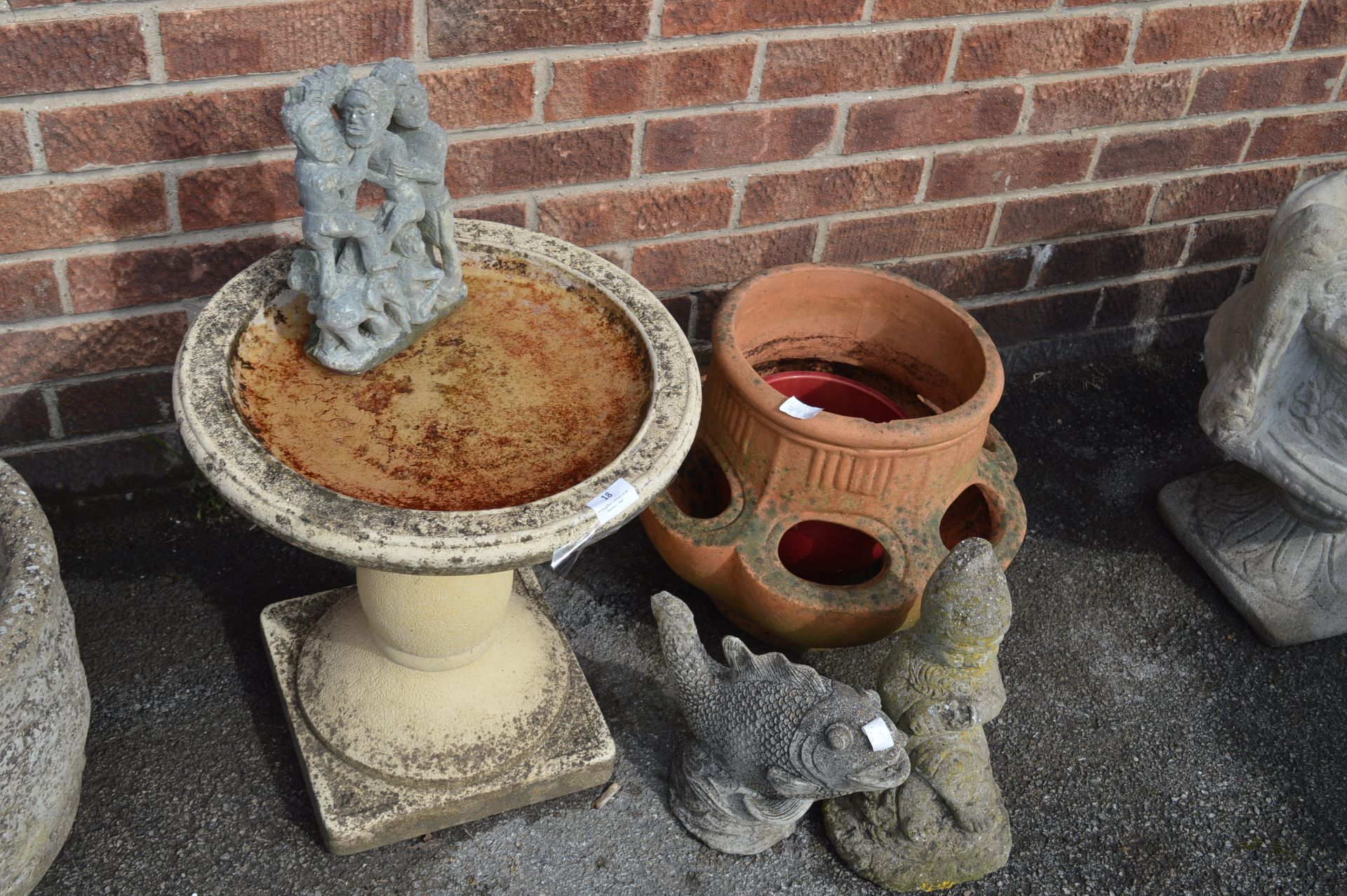 Limestone Birdbath, Terracotta Planter and Garden