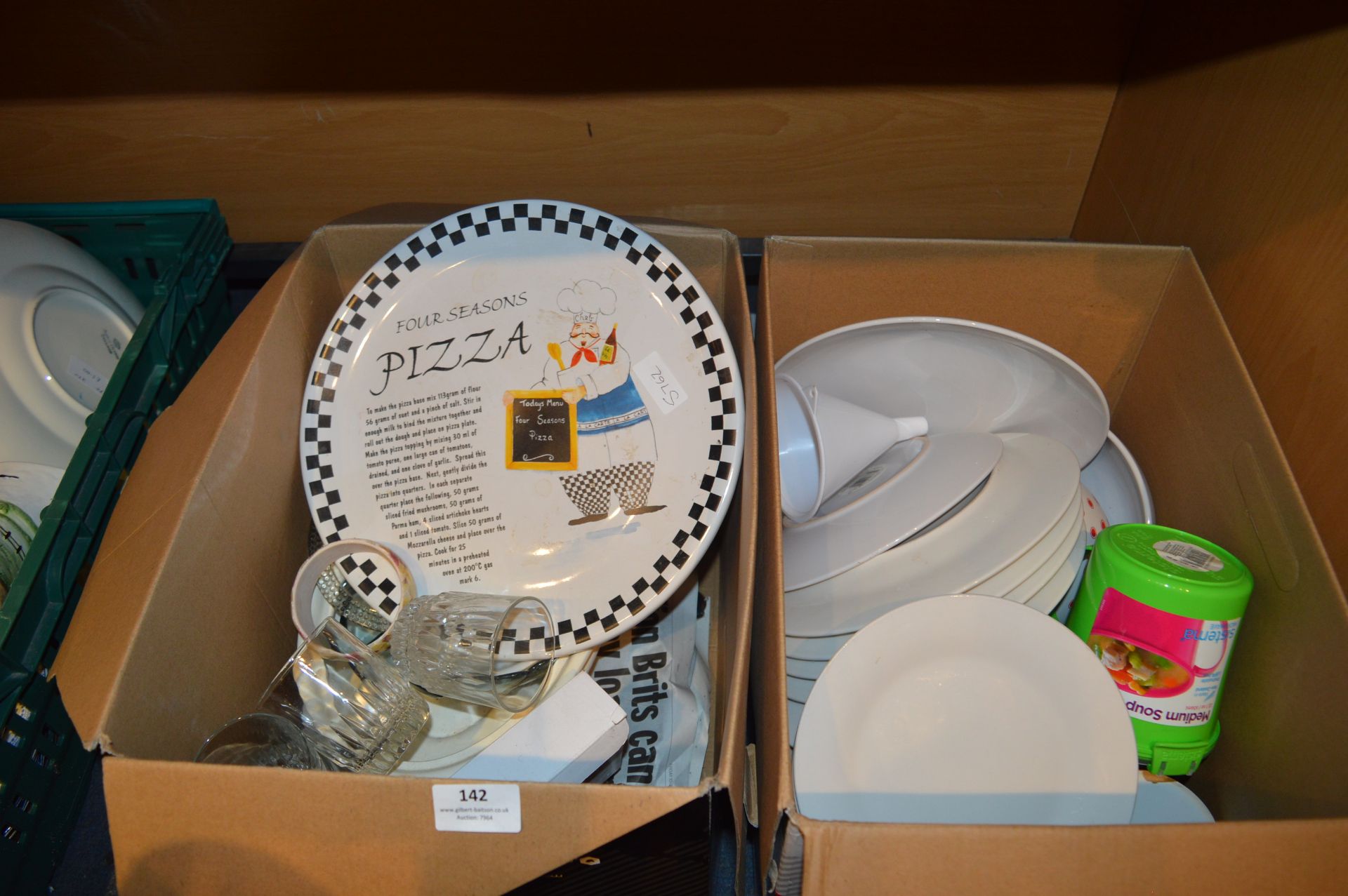 *Two Boxes of Dinnerware, Pizza Plate, Drinking Glassware, etc.