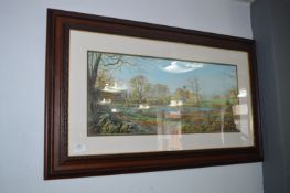 Mahogany Framed Coloured Print - Farmyard Scene with Pond by Rex Preston