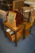 *Trolley Table, Oak Side Table, Whatnot, Two Magazine Racks and a Toilet Mirror