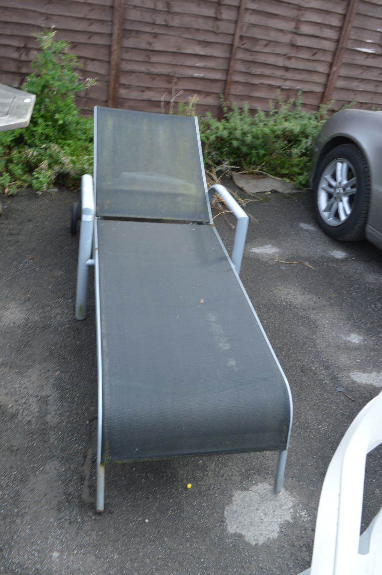 Metal Garden Recliner and Three White Metal Foldin