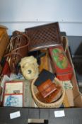 Box of Collectibles Including Vintage Tins, Stuffe