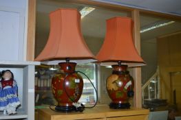 Pair of Fruit & Floral Painted Pottery Table Lamps