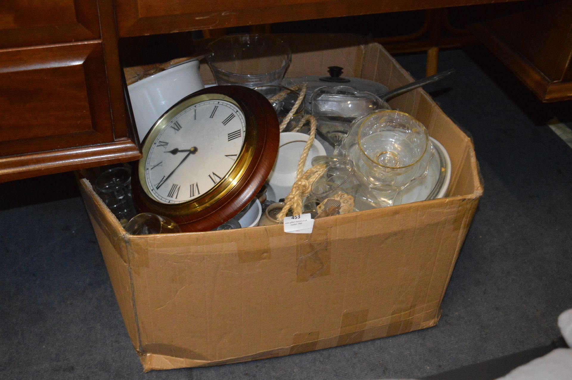 Box Containing Drinking Glassware, Pans, Roasting