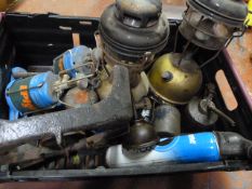 Box of Tilley Lamps, Camping Gas Burners, Oil Cans