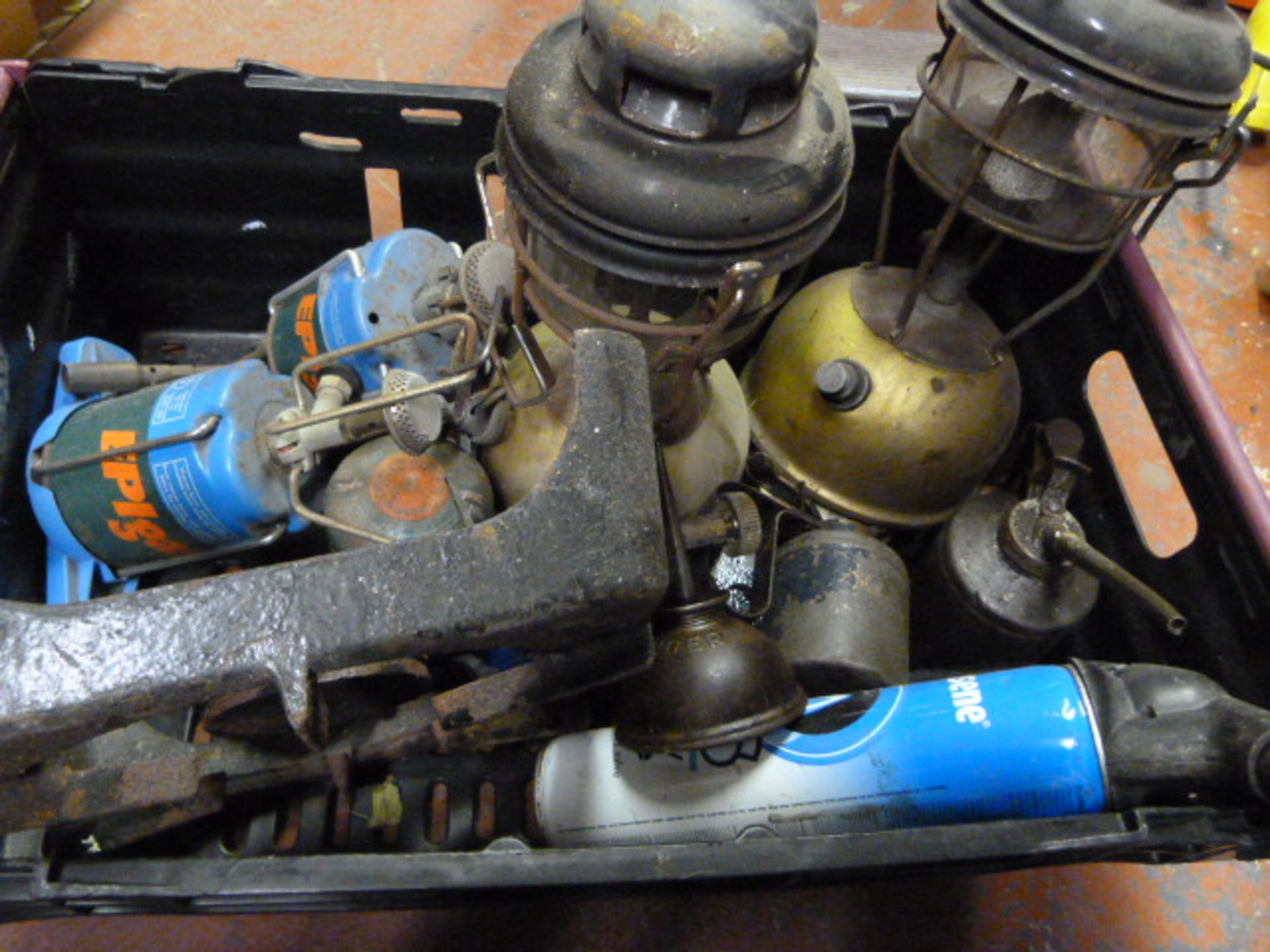 Box of Tilley Lamps, Camping Gas Burners, Oil Cans