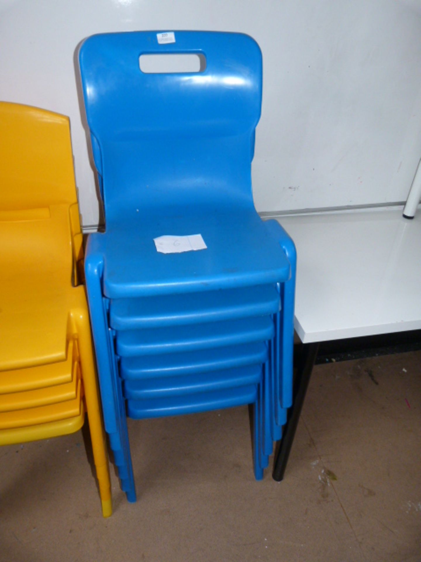 *Six Blue Plastic Stackable School Chairs