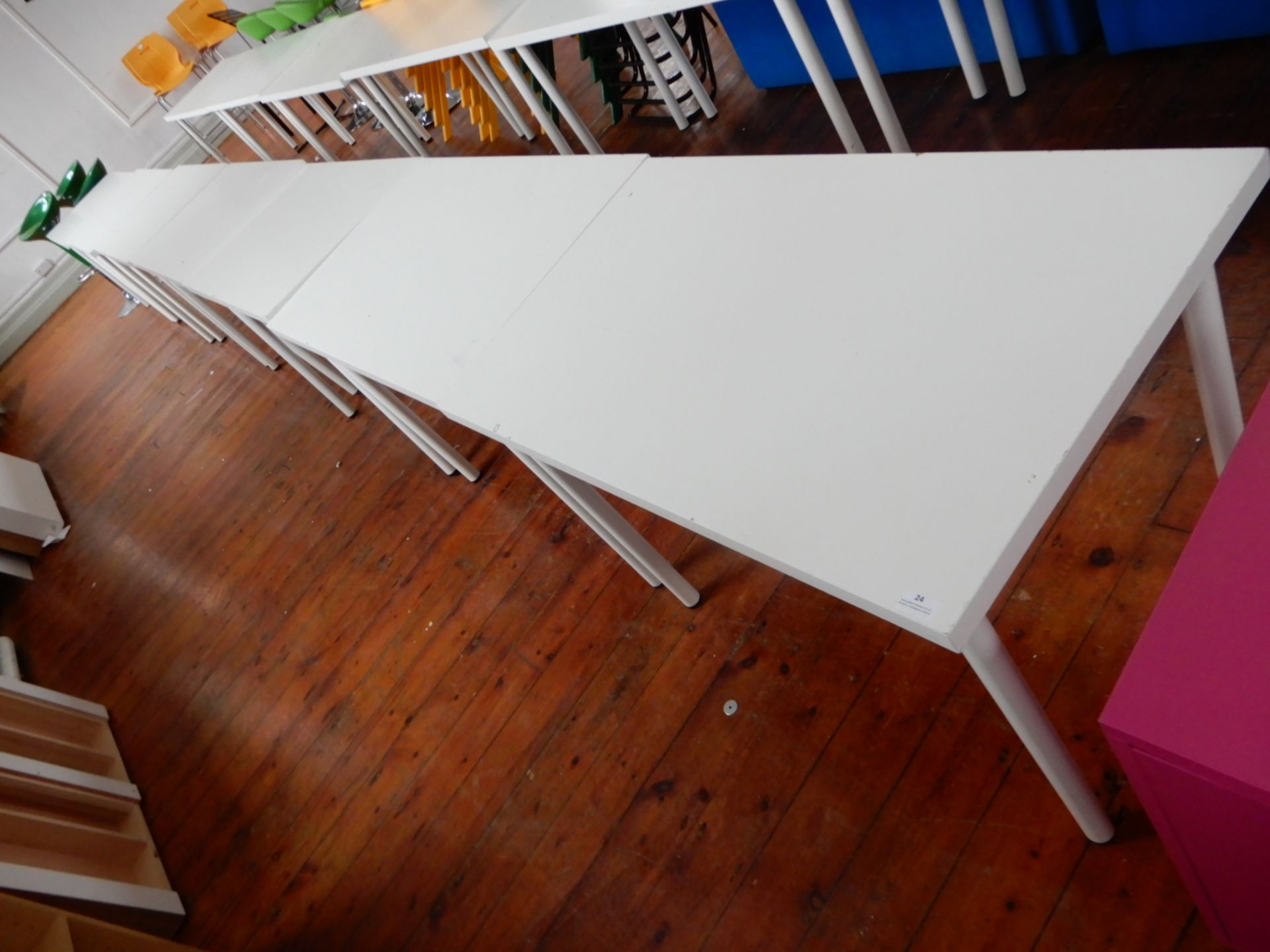 *7 High Gloss White School Tables on Tubular Legs