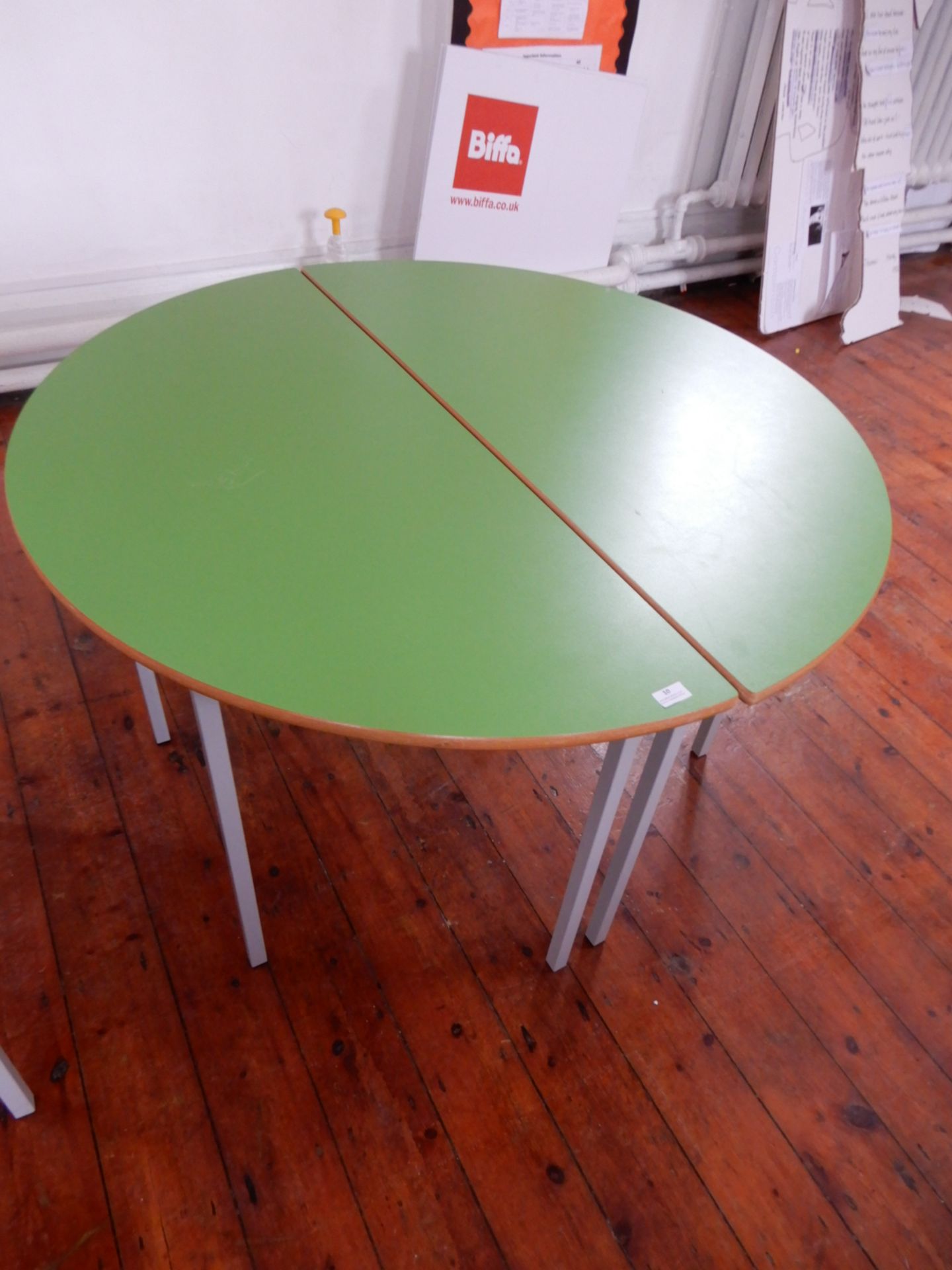 *2 Semicircular Tables with Green Tops on Grey Fra