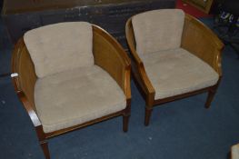 Pair of Japanese Hiroshima Maruni Tub Chairs with Cane Back and Upholstered Seats