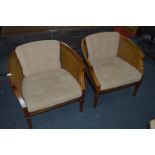 Pair of Japanese Hiroshima Maruni Tub Chairs with Cane Back and Upholstered Seats