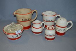Sadler Kleen Kitchen Red White Banded Jugs, Butter Dish, Pepper and Flour