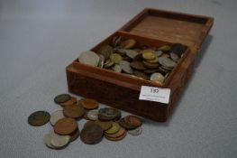 Carved Teak Wood Box and Contents of British and World Coinage