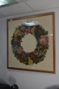 Large Framed Woolwork Tapestry - Floral Wreath 88cm x 90cm