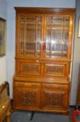 Victorian Light Oak Secretaire Bookcase with Carved Panel Doors and Bevel Glazed Top