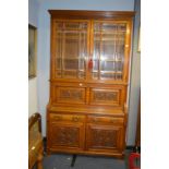 Victorian Light Oak Secretaire Bookcase with Carved Panel Doors and Bevel Glazed Top