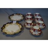 Coalport Burgundy & Gilt Floral Patterned Tea Ware and Three Royal Doulton Plates