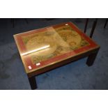 1970's Rosewood & Brass Framed Coffee Table with World Map