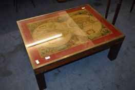 1970's Rosewood & Brass Framed Coffee Table with World Map