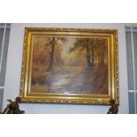 Gilt Framed Continental Oil Painting on Canvas - Woodland River Scene Cattle