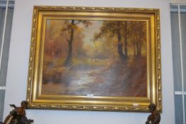 Gilt Framed Continental Oil Painting on Canvas - Woodland River Scene Cattle