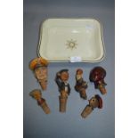 Carved Wood Novelty Bottle Stoppers and a Wedgewood Dish "East York Militia"