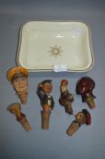 Carved Wood Novelty Bottle Stoppers and a Wedgewood Dish "East York Militia"