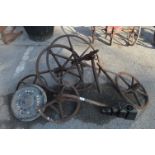 Selection of Farming Cast Iron Wheels and Named Wall Support Plate "Peck & Young of Hull"