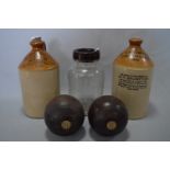 Two Stoneware Jars "Scunthorpe" and "Bolton", Pickle Jar and Two Bowling Balls