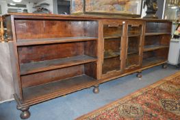 Oak Bookcase with Central Glass Paneled Doors 9'6" Length