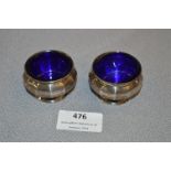 Pair of Hallmarked Silver Salts with Blue Glass Lining - Birmingham 1921