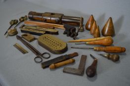 Quantity of Brass & Wood Tools, Spirit Level, Drill Gauge, Small Plane and Vice, etc.