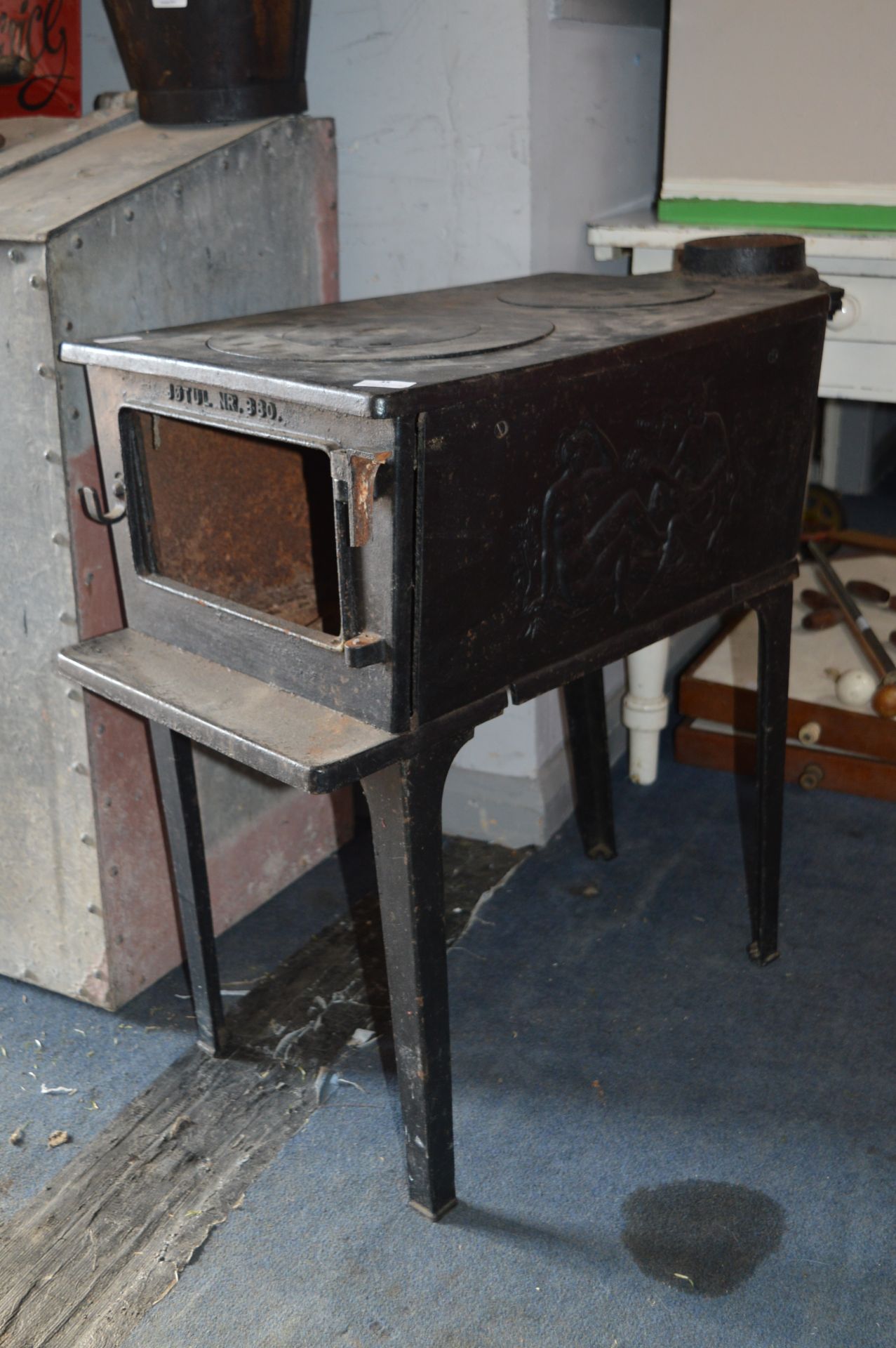 Norwegian Cast Iron Two Pot Stove on Legs with Decorative Panel Sides