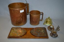 Oak Silver Plate Mounted Book Stand, Copper Measuring Jugs and Brass Inkwells