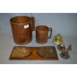 Oak Silver Plate Mounted Book Stand, Copper Measuring Jugs and Brass Inkwells