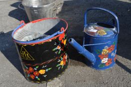 Painted Galvanised Metal Watering Can and Mop Bucket