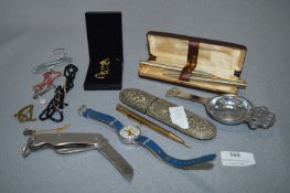 Tray Lot of Collectibles Including Military Pocket Knife, Spectacle Case, Child's Wristwatch, etc.