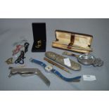 Tray Lot of Collectibles Including Military Pocket Knife, Spectacle Case, Child's Wristwatch, etc.