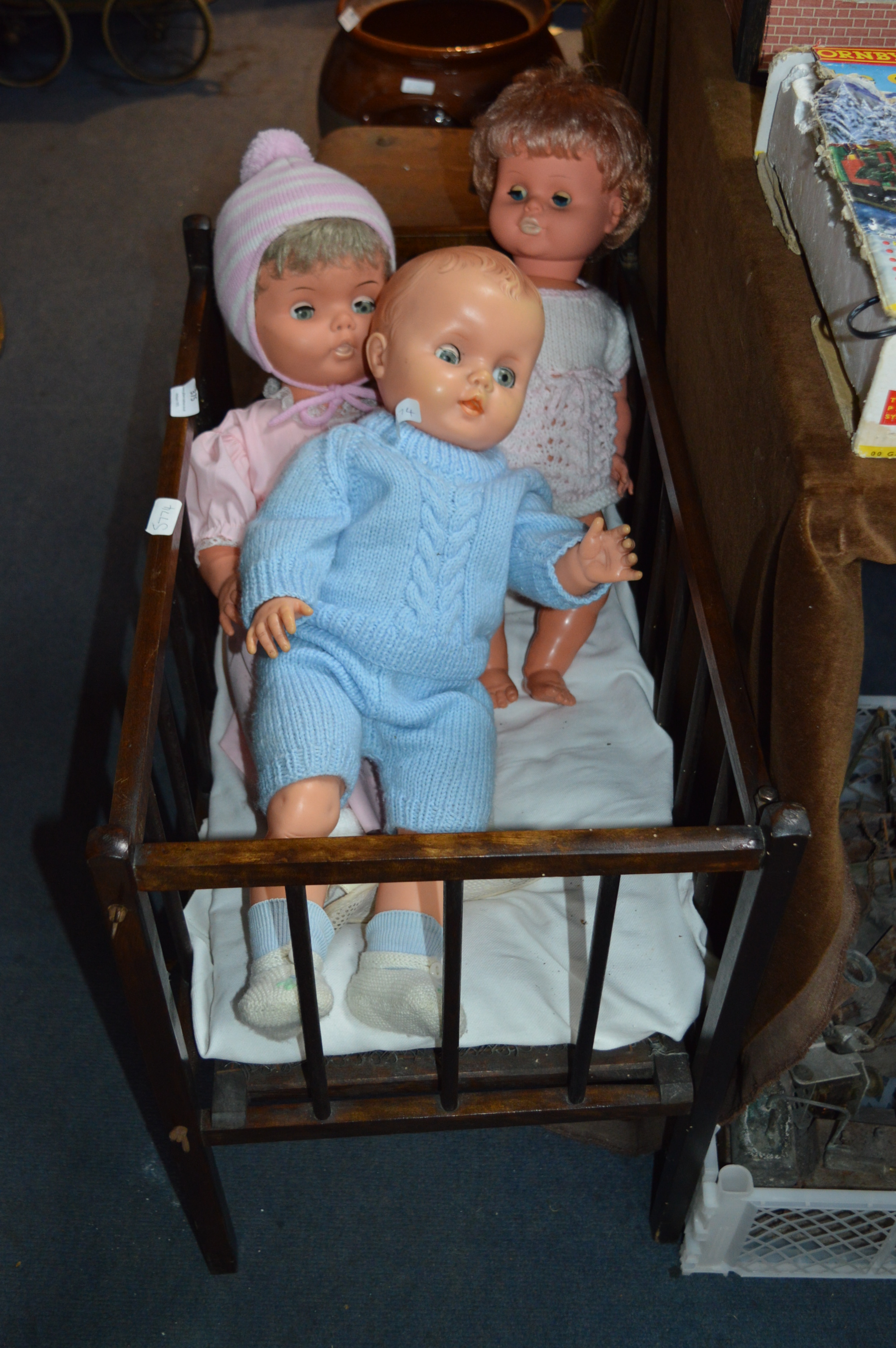 1940's Dolls Cot with Three Large 1970 Plastic Dolls