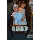 1940's Dolls Cot with Three Large 1970 Plastic Dolls