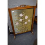 Mahogany Framed Fire Screen with Floral Painted Silk Panel