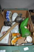 Box Containing Castrol Oil Can, Book Ends, Plated Trophy, Pottery Clock, Dish, Ornaments, etc.