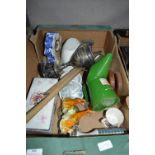 Box Containing Castrol Oil Can, Book Ends, Plated Trophy, Pottery Clock, Dish, Ornaments, etc.