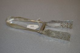 Pair of Hallmarked Silver Serving Tongs with Engraved and Cut Decoration
