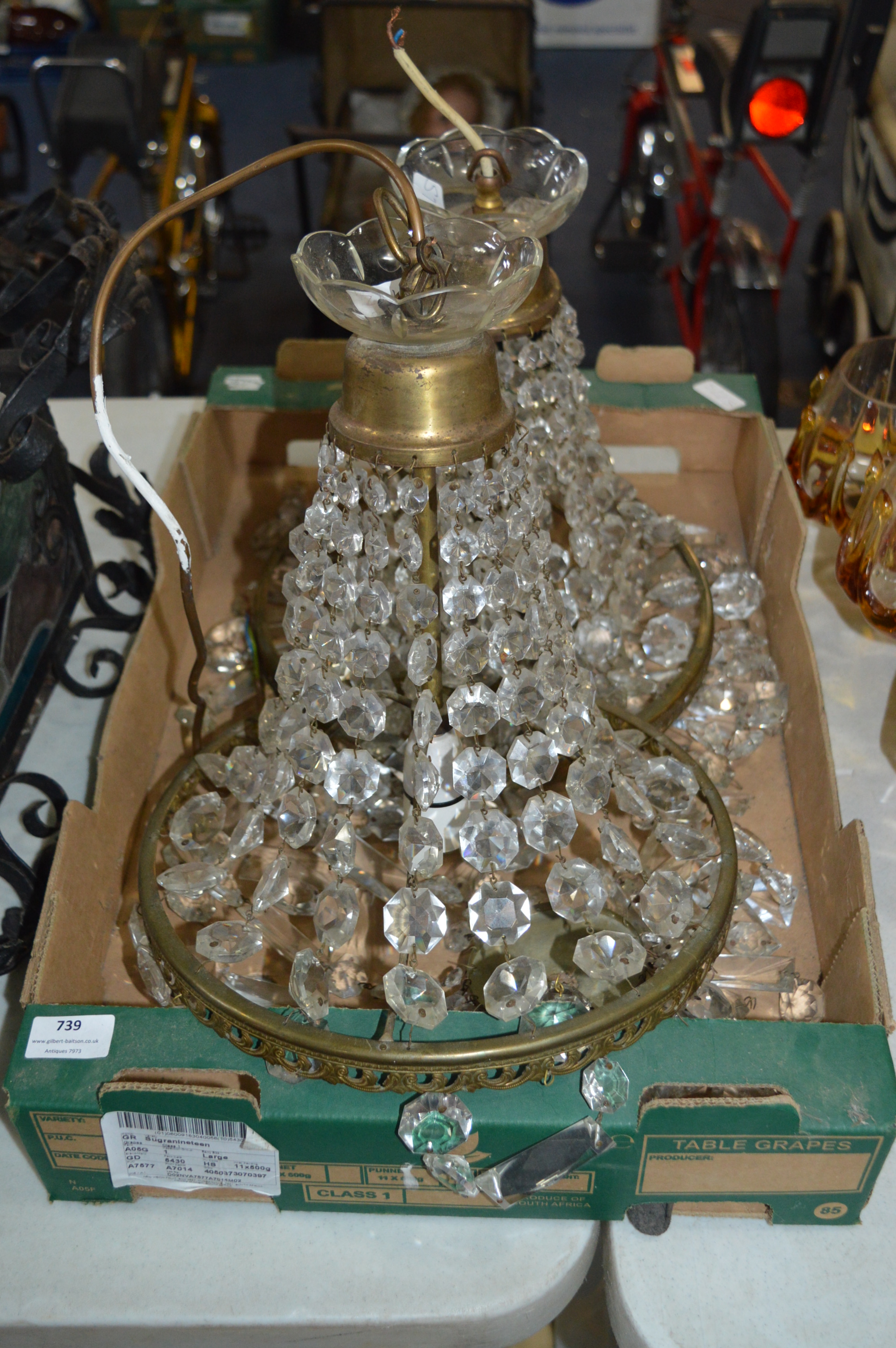 Pair of Brass & Glass Droplet Chandeliers