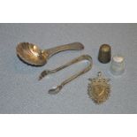 Bag of Small Silver Items; Caddy Spoon, Tongs, Thimbles, Fob - Approx 37g