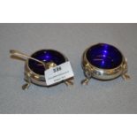 Pair of Hallmarked Silver Salts with Blue Glass Liners - Birmingham 1916, Approx 107g
